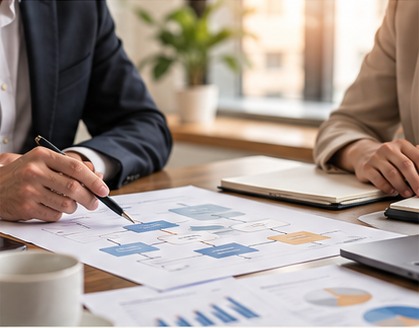 Professionals reviewing business process plans and reports together